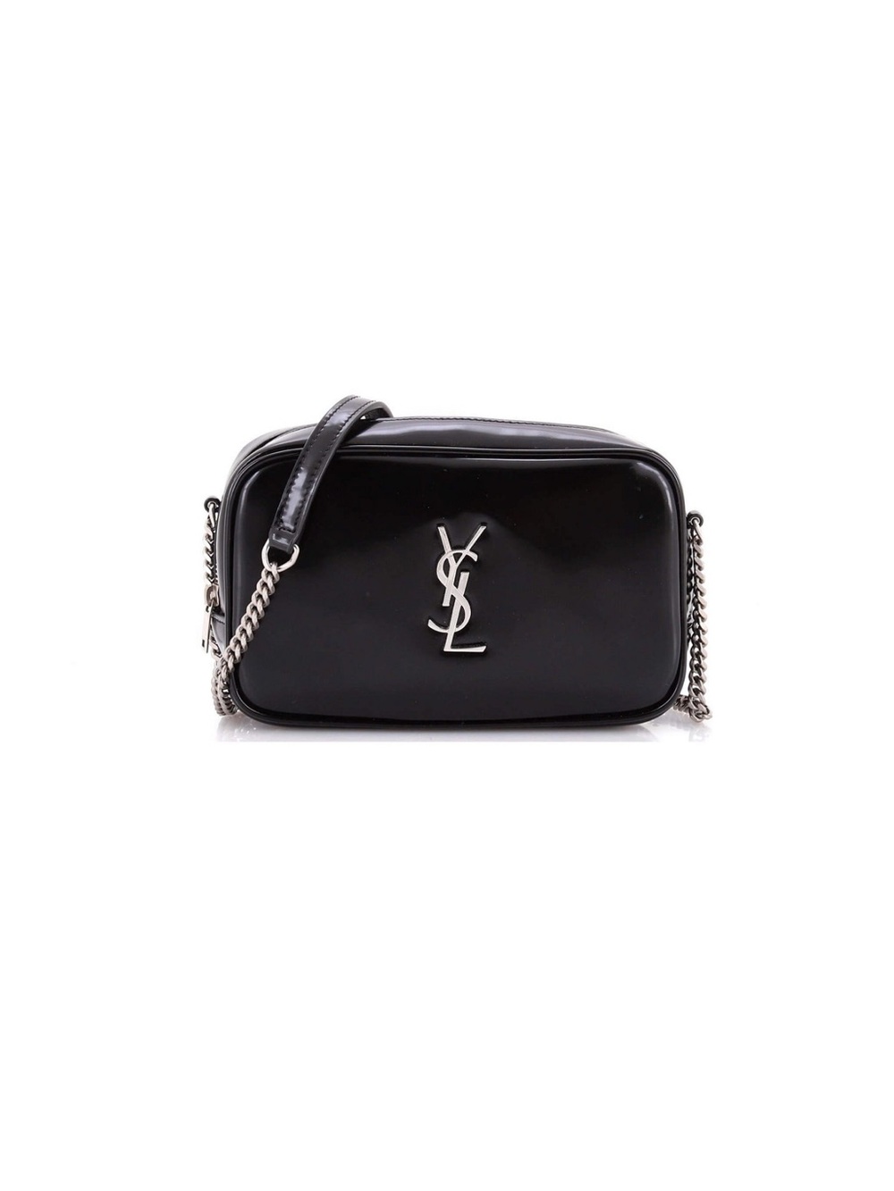 Saint Laurent Black Leather Camera Crossbody with Silver YSL